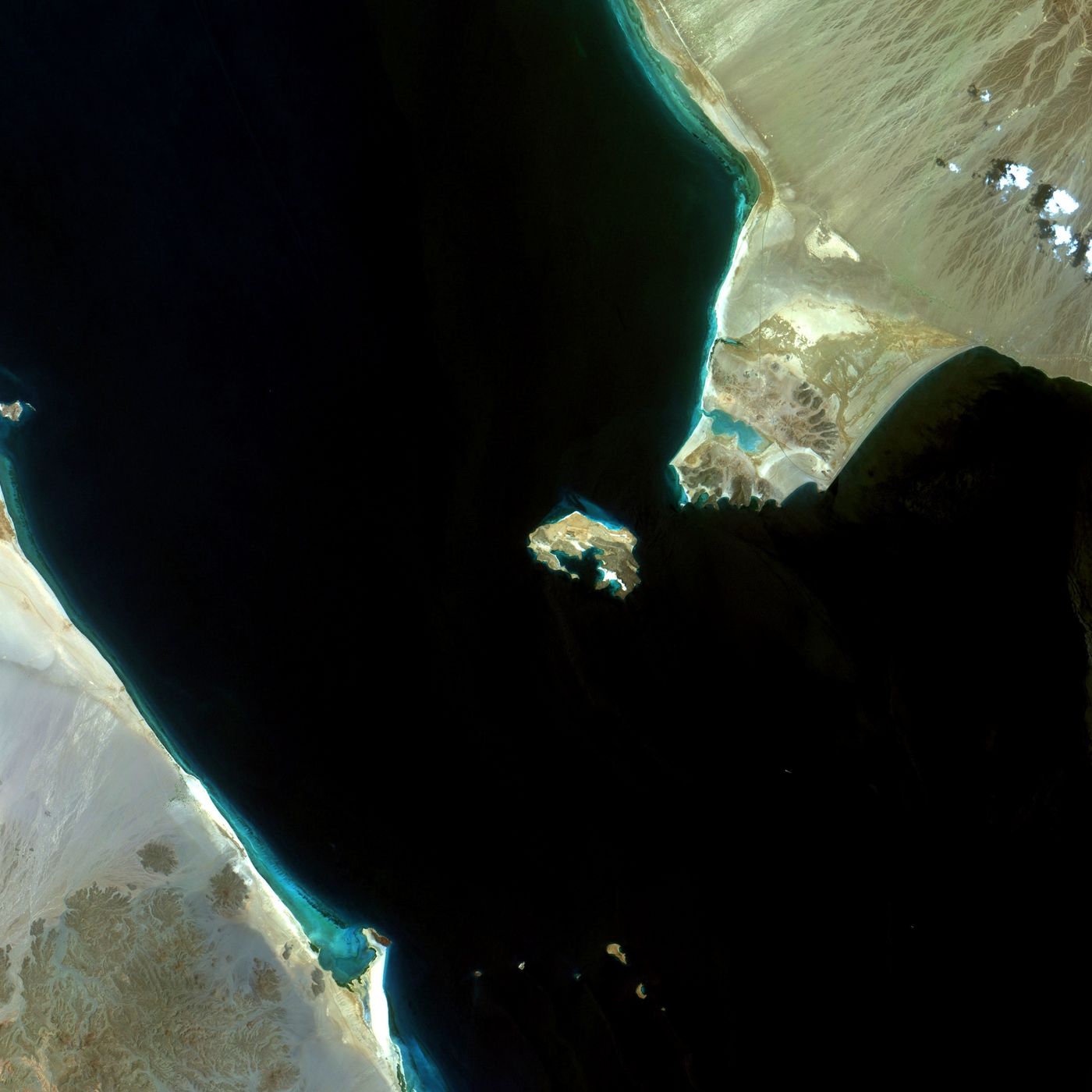 Satellite view of the Bab-el-Mandeb strait and Mayyun (Perim) Island, Red Sea